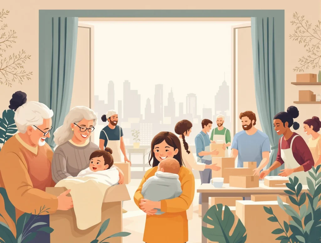 Soin de bébés et mise en colis de dons dans une association caritative et humanitaire