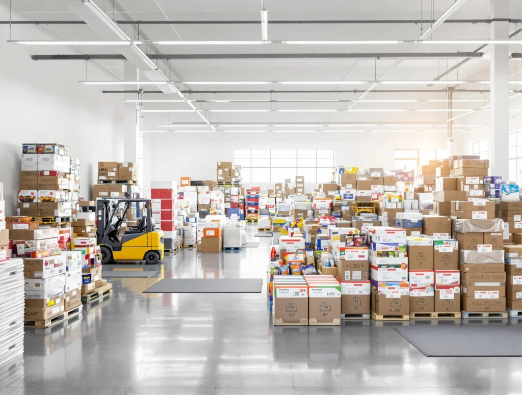 Palettes dans le dépôt d'un grossiste alimentaire