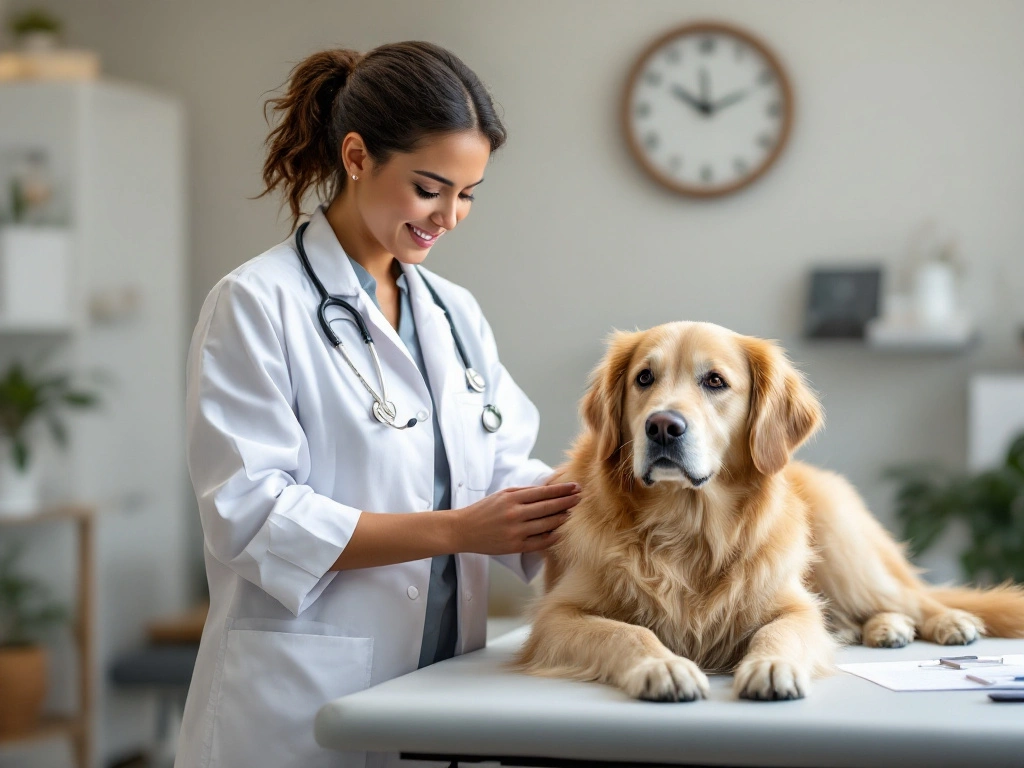 Une vétérinaire soigne un chien golden retriever