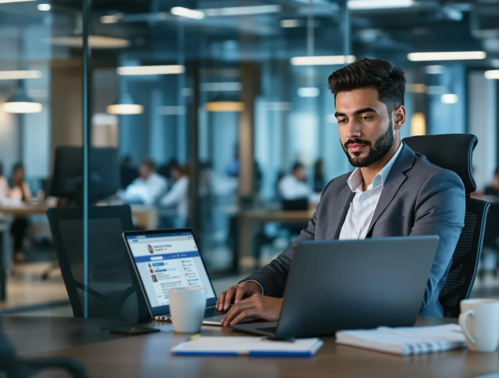 Un Community manager travaillant à son bureau