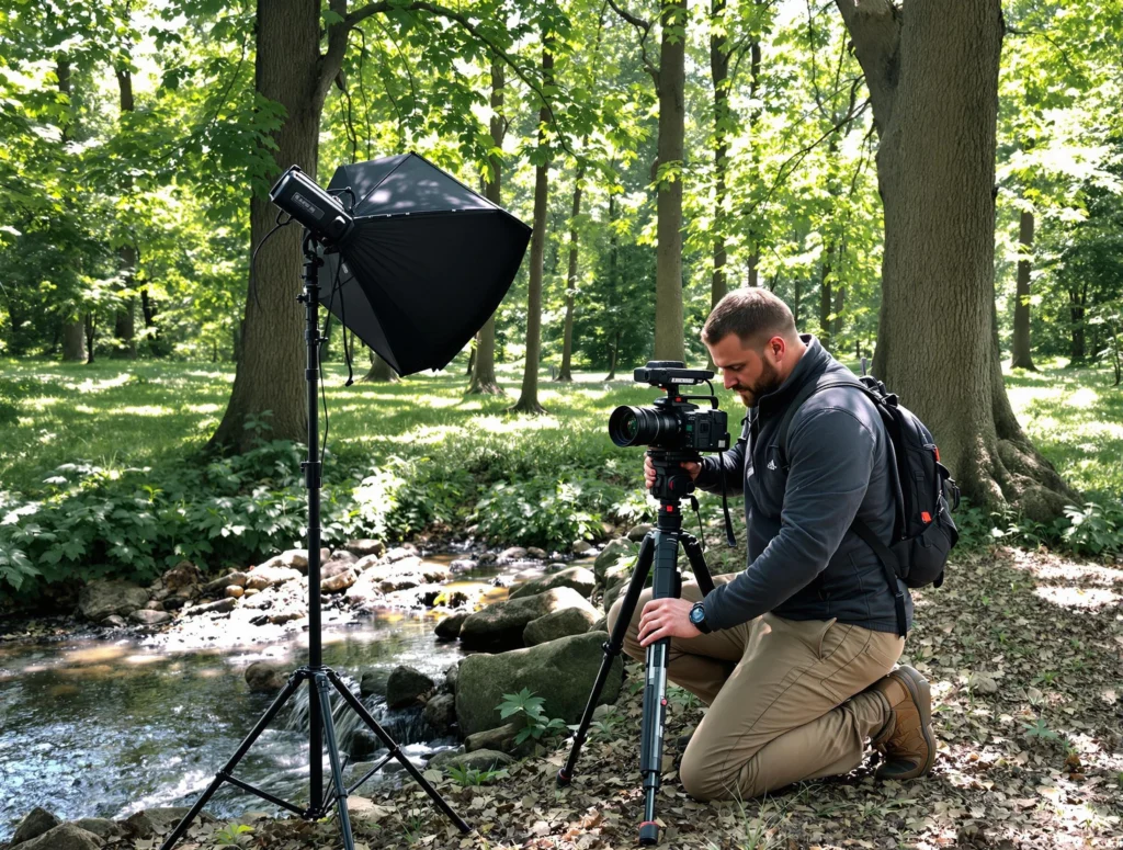 Un vidéaste tournant une vidéo en plein air