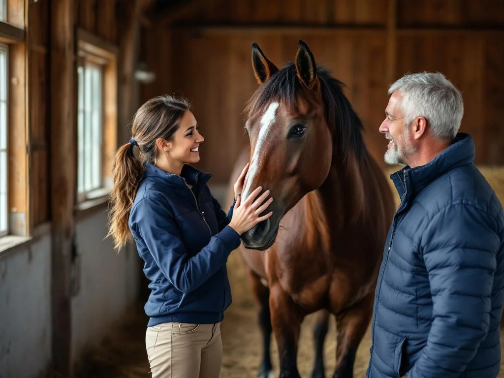 Un équithérapeute et un cheval en rendez-vous avec une patiente