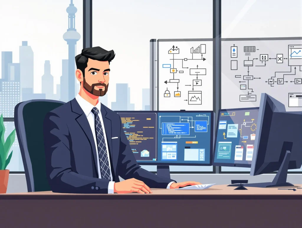 Un homme travaillant à son bureau sur les conseils en systèmes, logiciels informatiques et télécommunication
