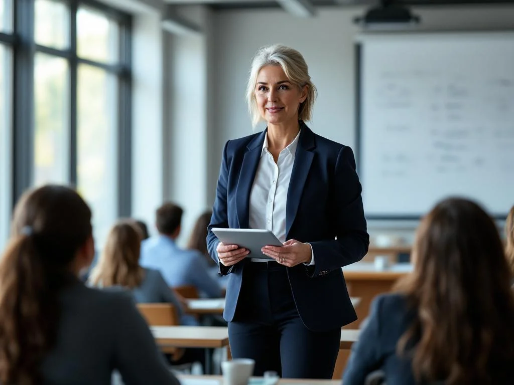 Une enseignante du supérieur donne un cours à des étudiants