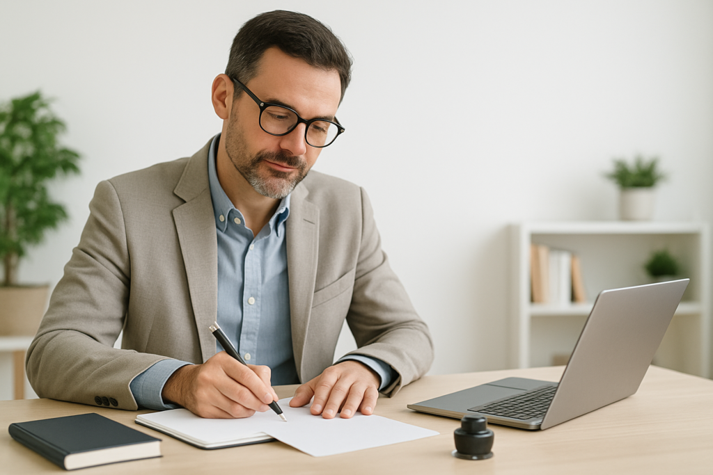 Un écrivain public écrivant à son bureau