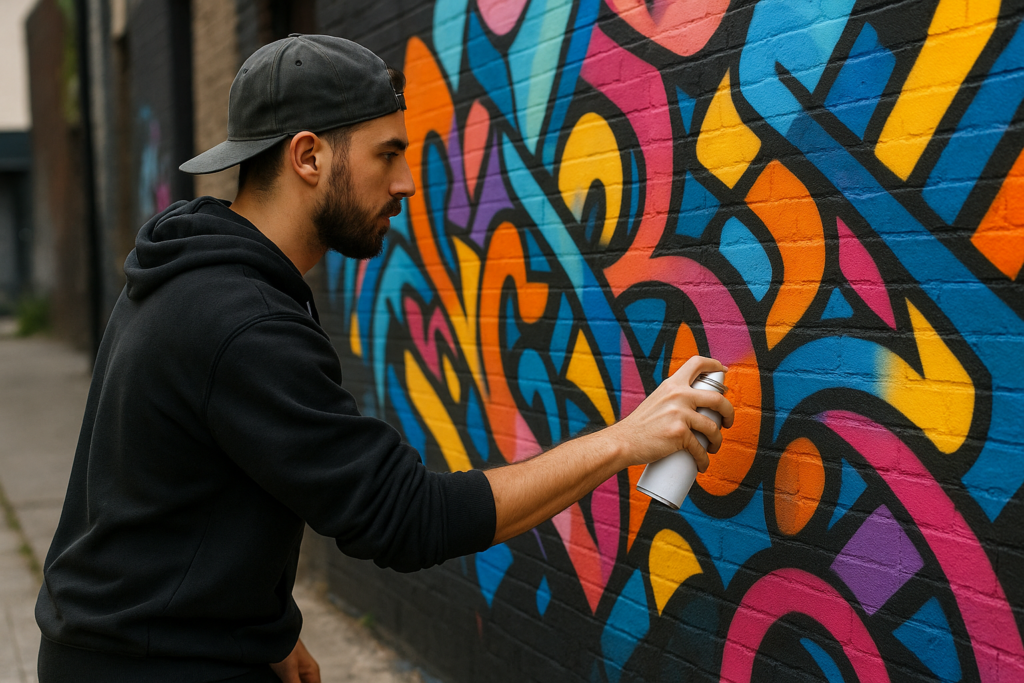 Un grapheur réalisant une œuvre de street art