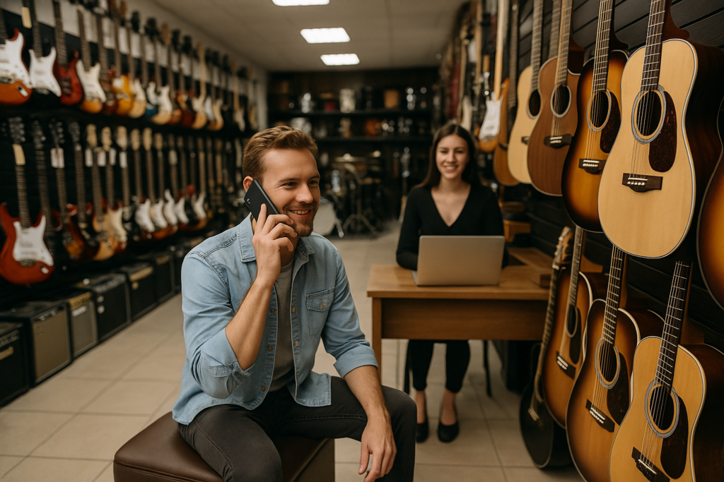 Un client ravi de ses achats dans un magasin d'instruments de musique