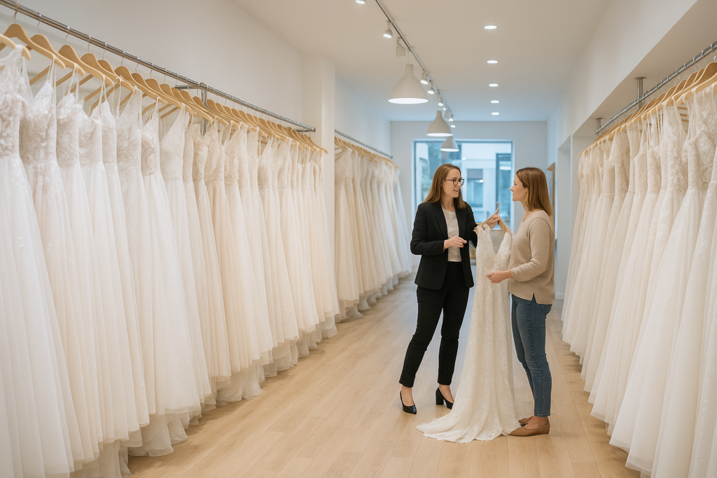 Une employée conseille une cliente dans un magasin de robes de mariée