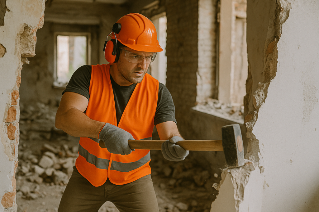 Un démolisseur travaillant sur un mur d'un immeuble