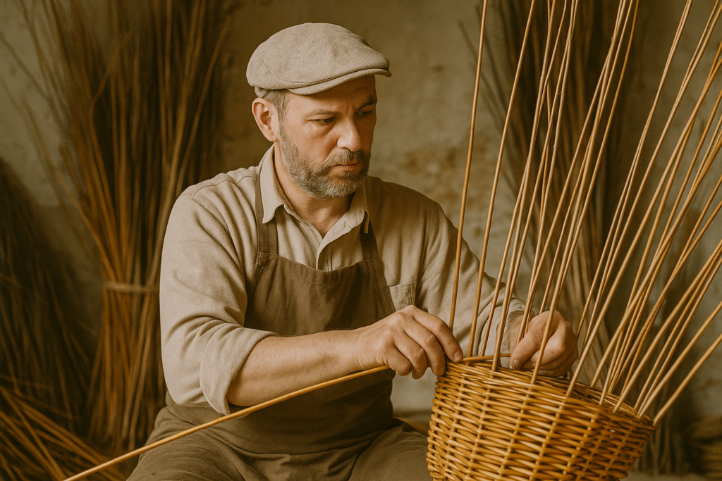 Un vannier fabriquant un panier en osier