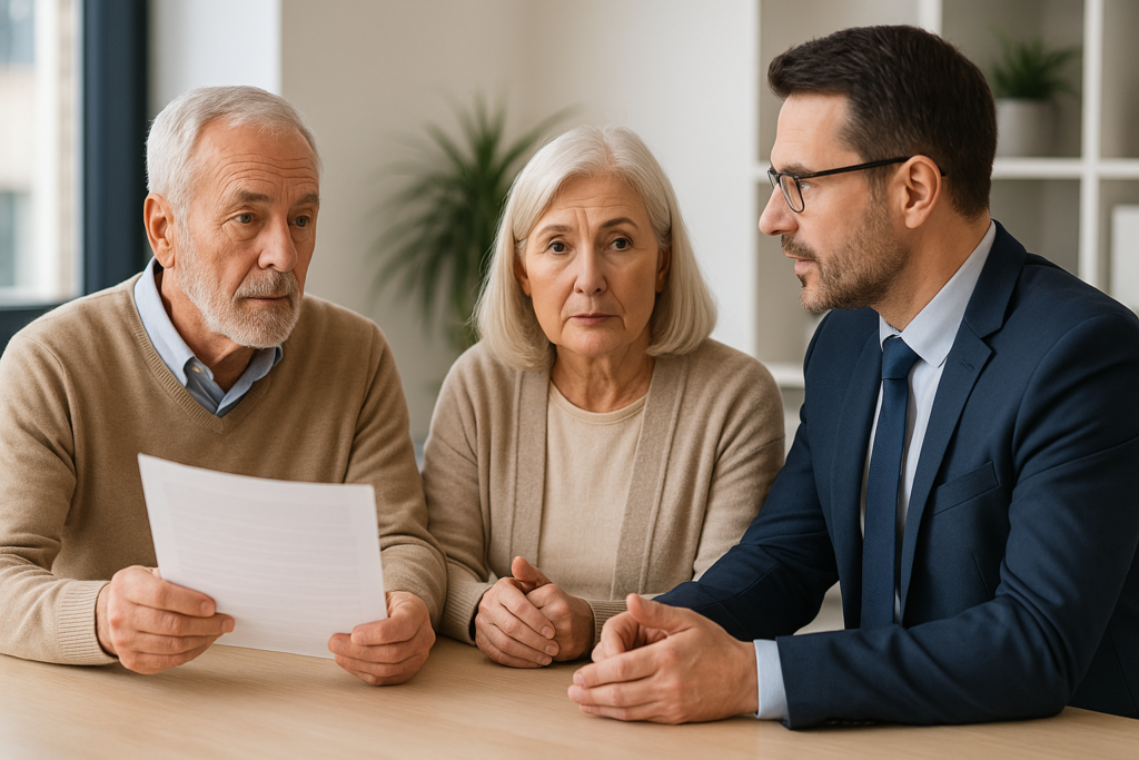 Senior consultant avec un conseiller en assurance santé, discutant des remboursements dentaires, optiques et auditifs.