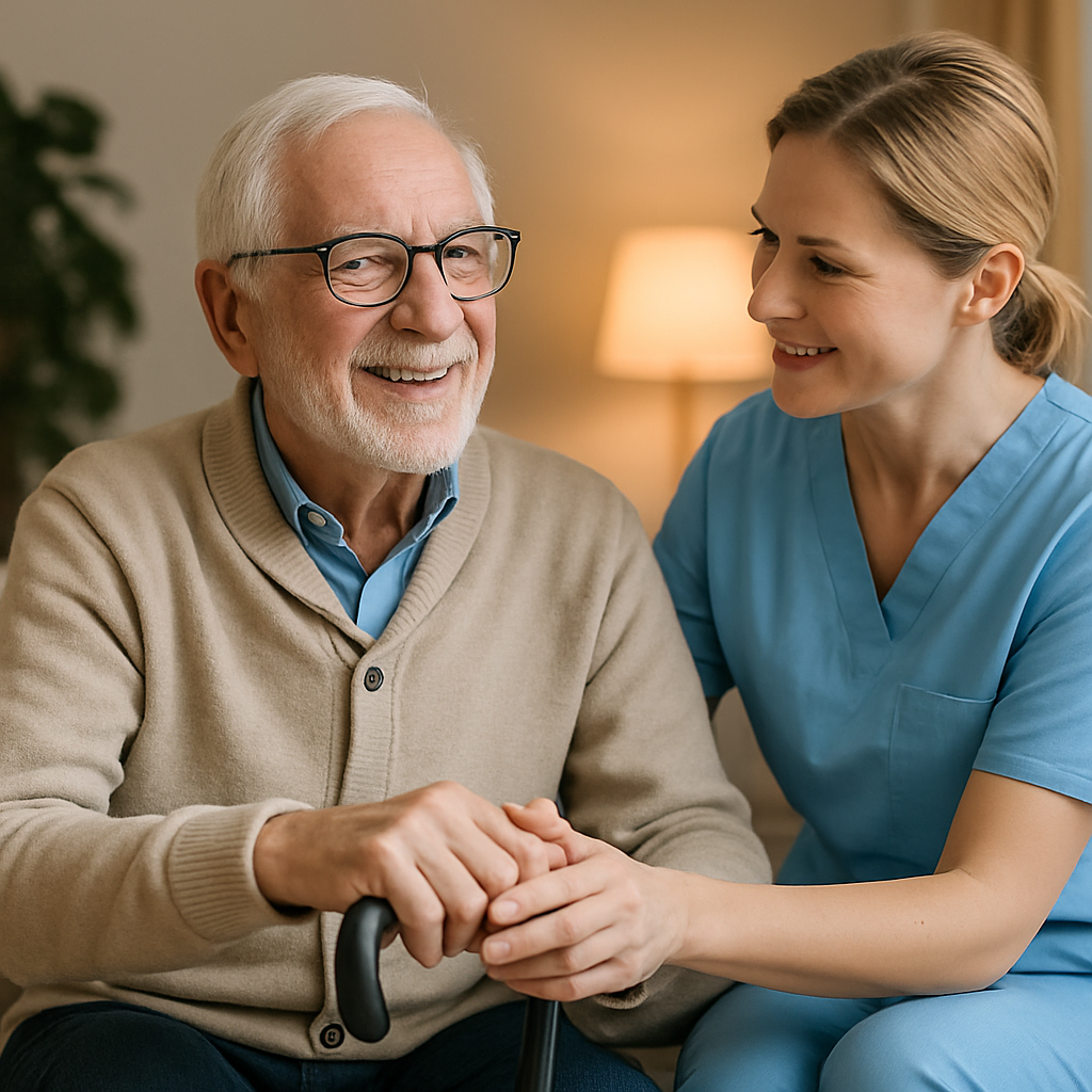 Senior souriant à domicile, bénéficiant d’une assistance et de soins adaptés grâce à une mutuelle senior.