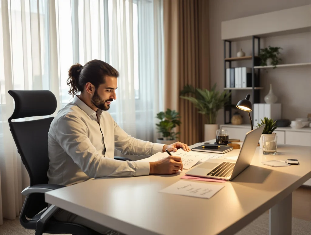 Un graphologue travaillant à son bureau