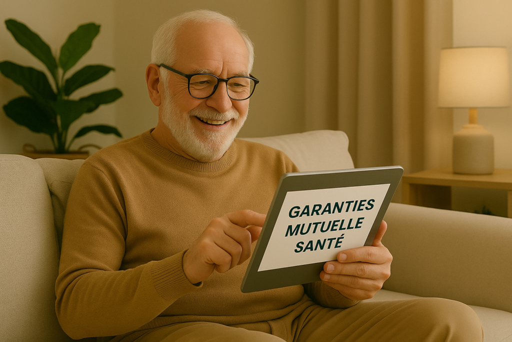 Un retraité souriant consulte ses garanties de mutuelle santé sur une tablette, confortablement installé chez lui.