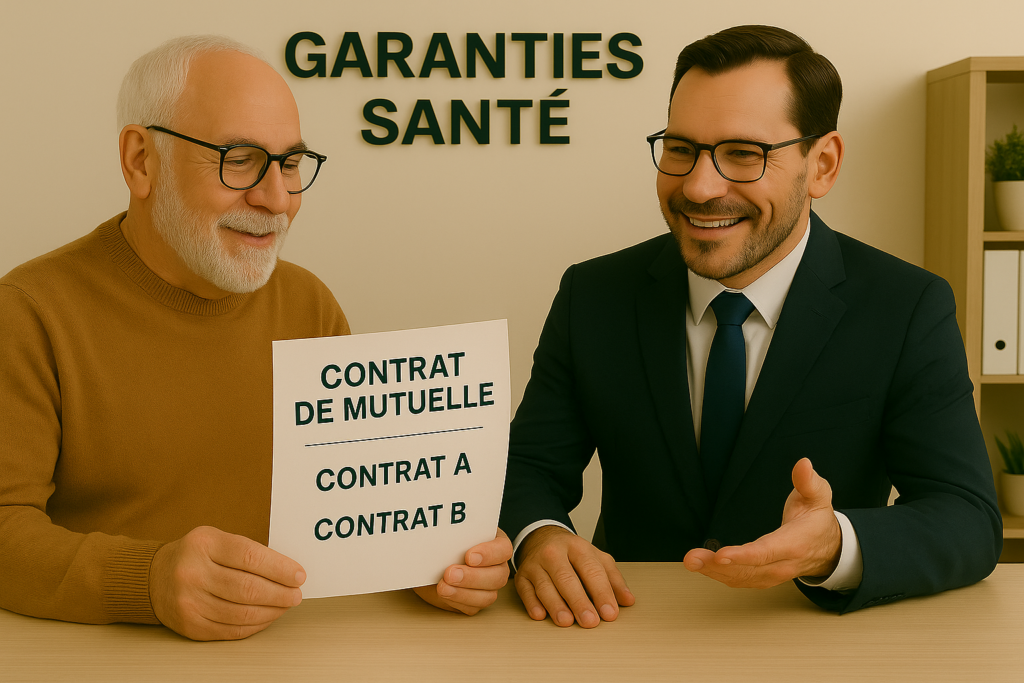 Un senior consulte un contrat de mutuelle avec un conseiller, pour comparer une mutuelle senior et une mutuelle classique